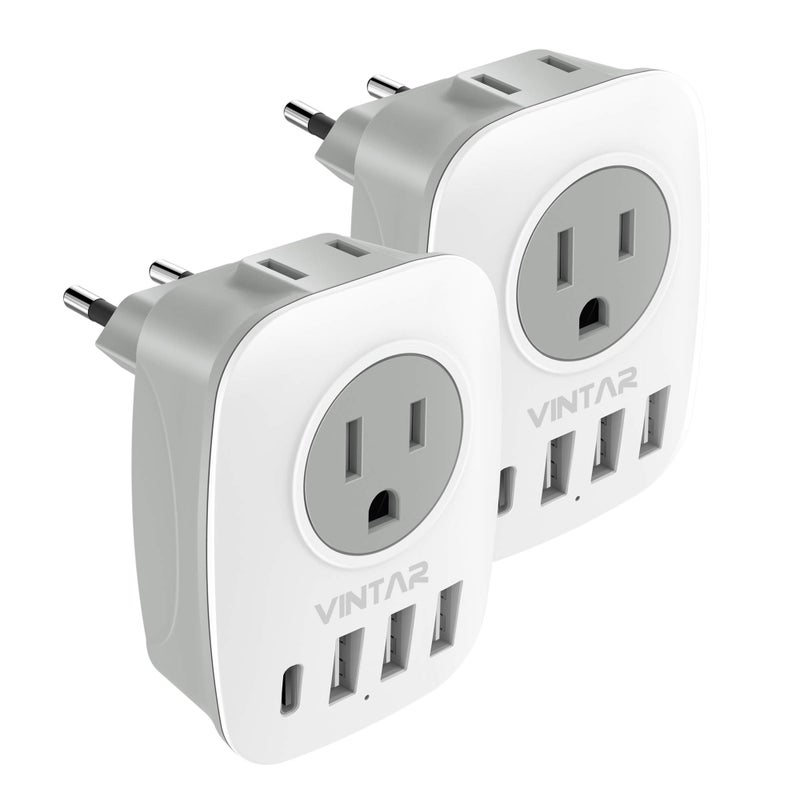 VINTAR محول سفر أوروبي 2 حزمة، محول طاقة دولي VINTAR مع 1 USB C، 2 مخرج أمريكي و 3 منافذ USB، 6 في 1 أساسيات السفر لمعظم أوروبا اليونان، إيطاليا (النوع C) - Image 1